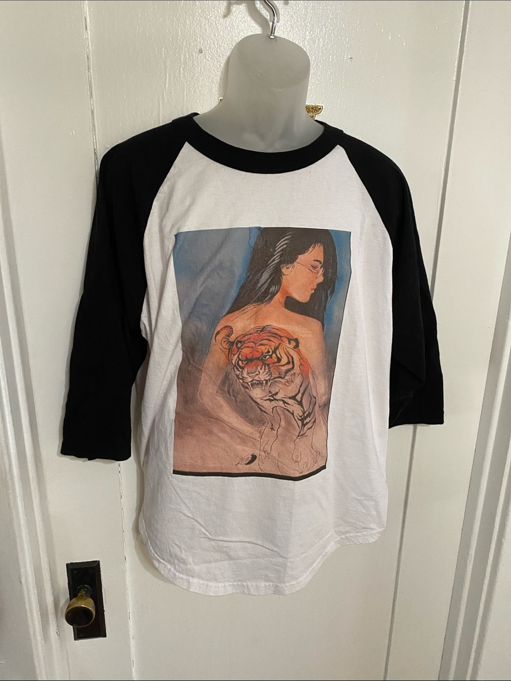 Black and White Raglan Tee with Anime Manga Crying Tiger Back Illustration